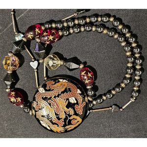 Vintage Champlevé Beaded Glass Crystal Chinese Dragon Medallion Necklace